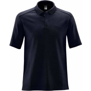 A navy blue polo shirt with a collar and short sleeves, featuring a logo on the chest area.