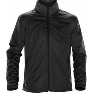 A black jacket featuring a zip front, a collar, and pockets, with a logo on the left side.