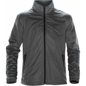 A men's grey jacket with a zip front, standing collar, and side pockets. It features a branding logo.