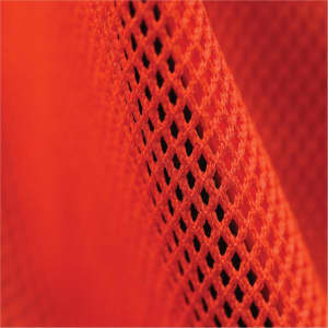 A close-up of textured orange fabric, featuring a fine, mesh pattern. The material has a soft, breathable quality.