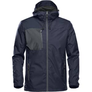 A navy rain jacket featuring a contrasting grey pocket and a hood, with zippers and branding.