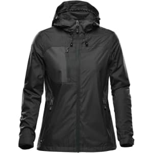 A women's rain jacket in black, featuring a hood and zippered pockets, with a logo on the front.