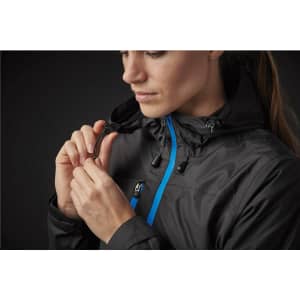 A rain jacket in black with blue accents, featuring adjustable toggles on the hood and front pocket.