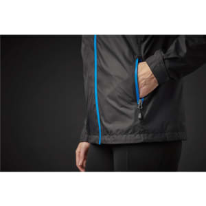A black rain jacket featuring blue accents and a zippered pocket on the side.