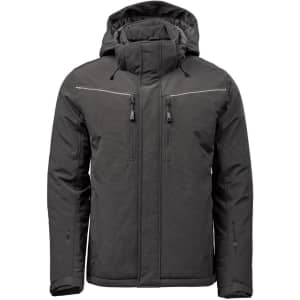 A men's thermal jacket in dark grey with a hood, featuring zippered pockets and a subtle logo.