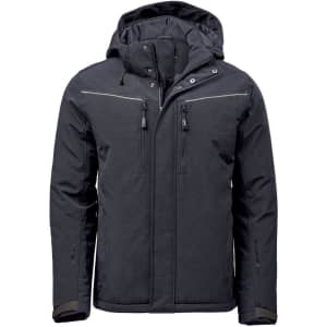 Men's Steelhead Thermal Jacket in black, featuring a hood and zippered pockets, with a logo on the sleeve.