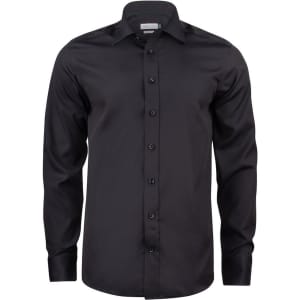 A black button-up shirt with a collar and long sleeves, featuring a logo on the label.
