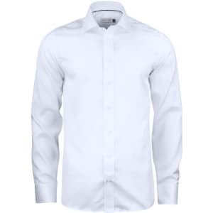 A white button-up shirt with long sleeves and a collar, featuring a branding logo.