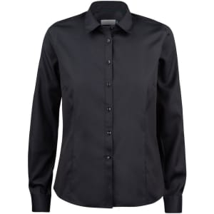 A women's button-up shirt in black, featuring a classic collar and long sleeves. It has buttons down the front and a logo.