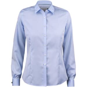 A light blue button-up women's shirt with a collar and long sleeves, featuring a branding logo.