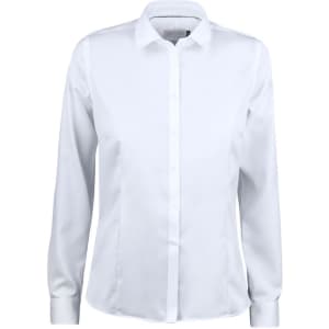 A button-up shirt in white, featuring a collar and long sleeves, with a logo on the chest.
