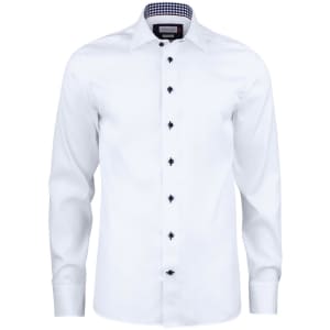 A white button-up shirt featuring black buttons and a checkered collar detail. It has a logo on the chest.