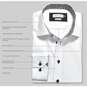 A white button-up shirt with a semi cut-away collar, contrasting black and white check details, and single cuff design.