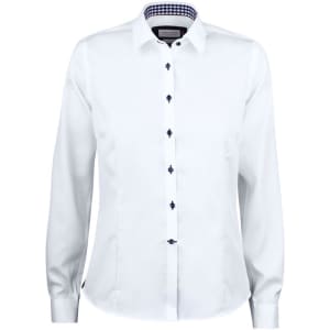 A white women's button-up shirt featuring long sleeves and a checkered inner collar with a logo.