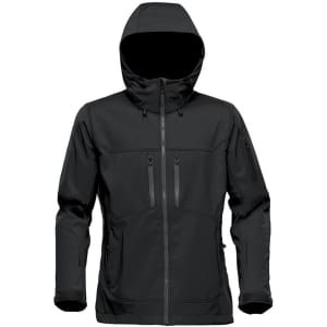 A black softshell jacket with a hood, featuring zippered pockets and a sleek design. It includes a logo on the front.