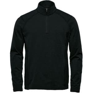 A black 1/4 zip pullover with raglan sleeves and a front zipper, featuring a brand logo.