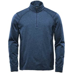 A navy performance pullover with a quarter zip and a collar, featuring raglan sleeves and a logo.