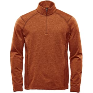 An orange men's 1/4 zip pullover jumper with a stand collar and raglan sleeves. It features a logo.