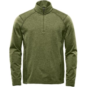 A green men's 1/4 zip pullover in a performance fabric design, featuring a high collar and long sleeves.