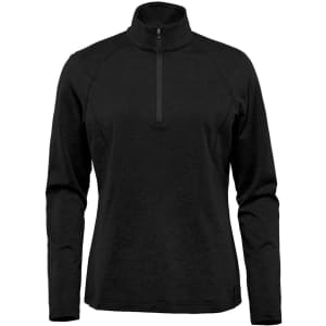 A black women's pullover featuring a quarter zip and long sleeves, with a logo on the sleeve.