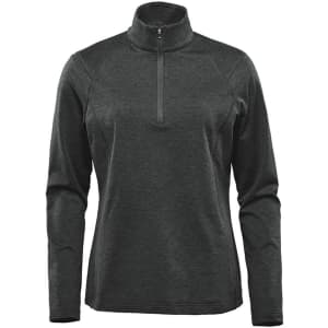 A women's dark grey 1/4 zip pullover featuring long sleeves and a high collar, with a logo on the front.