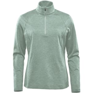 A green women's 1/4 zip pullover jumper with long sleeves and a collar. It features a logo on the front.