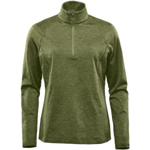 A green women's 1/4 zip pullover jumper features long sleeves and a high collar. It has a logo on the front.