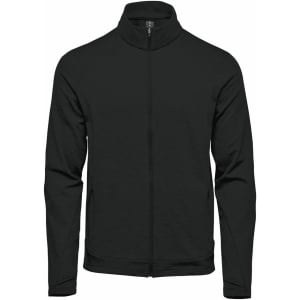 A black men's performance jacket with a high collar and full zip front, featuring long sleeves and a logo.