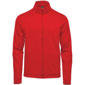 A red performance jacket with a zip front and high collar, featuring a logo on the chest.