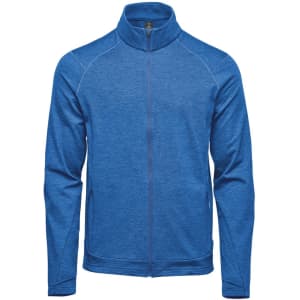 A blue men's performance jacket with a zip front and stand-up collar, featuring side pockets and branding.
