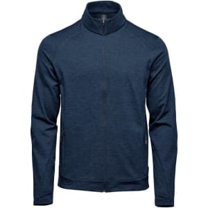 A navy blue men's performance jacket with a zip front and side pockets, featuring a collar and branding.
