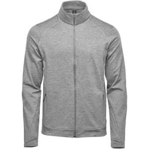A grey men's performance jacket with a zip front and stand-up collar, featuring side pockets and a logo.
