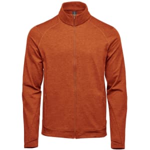A men's performance jacket in a warm orange shade, featuring a zip front and a stand-up collar. It has a logo on the chest.