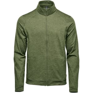 A green men's performance jacket with a zip front and high collar, featuring a logo on the chest.