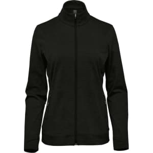 A women's performance jacket in black with a full zip, front pockets, and a collar. Features a logo on the design.