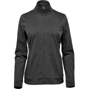 A women's performance jacket in dark grey with a zip front and high collar, featuring a logo on the chest.