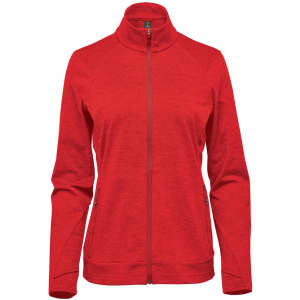 A red women's performance jacket with a high collar and zippered front, featuring a logo on one side.