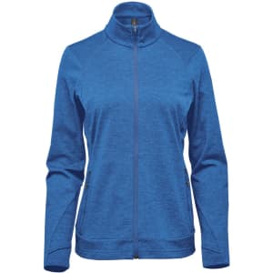 A blue women's performance jacket with a zip-up front and stand-up collar. It features a logo on the upper left side.
