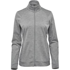 A grey women's performance jacket with a zip-up front, high collar, and side pockets. It features a branding logo.