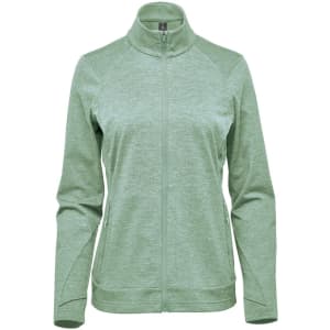 A green women's performance jacket with a high collar and zip closure, featuring side pockets and a logo.