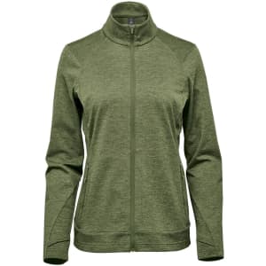 A green women's performance jacket featuring a high collar and zip-up front, with side pockets and a branded logo.