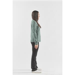A green women's jacket is displayed on a model standing sideways against a plain background.