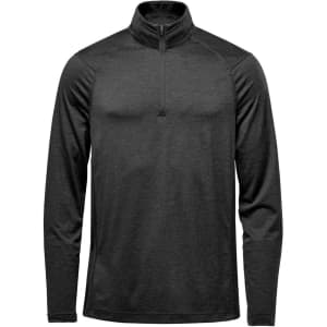 A black men's pullover featuring a 1/4 zip design and long sleeves, with a logo on the chest.