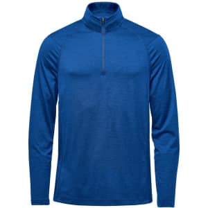 A blue men's 1/4 zip pullover jumper with long sleeves and a subtle logo.