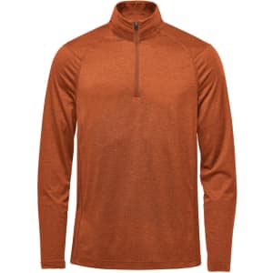 A men's Milano 1/4 zip pullover in a rich orange shade, featuring long sleeves and a zip collar. Includes a small logo.