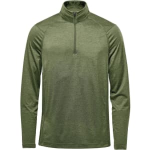 A green men's pullover featuring a 1/4 zip and long sleeves. It has a logo on the chest.