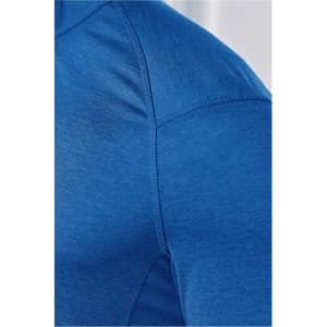 A close-up of a blue men's pullover featuring a quarter zip and a textured fabric design. It includes a logo.