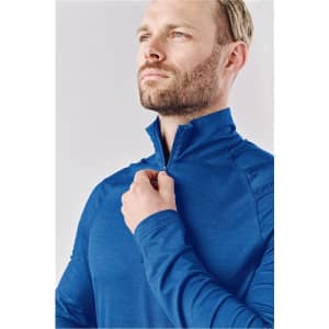 A blue men's 1/4 zip pullover featuring a high collar and long sleeves, with a logo on the chest.