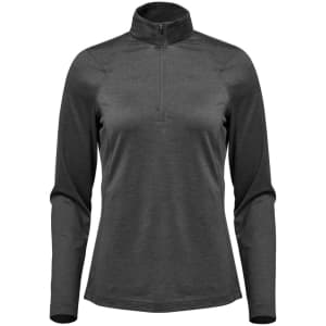 A dark grey women's Milano 1/4 zip pullover, featuring long sleeves and a zippered collar, with a logo on it.