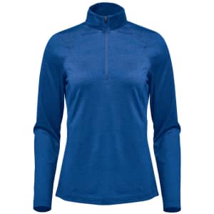 A blue women's pullover with a 1/4 zip and long sleeves. It features a collar and has a logo.